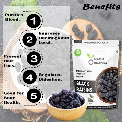 Namo Organics - Afghani Black Raisins Seedless ( Kali Kishmish / kismis without seeds ) - Black Resin grapes Dry Fruits