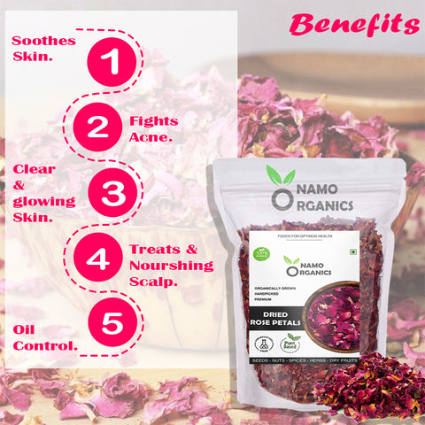 Namo Organics - Sun Dried Rose Petals - Dry Rosa Gallica - 100% Edible for Food - 100 Gm