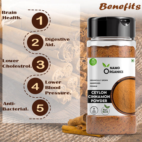 Namo Organics - Ceylon Cinnamon Powder ( Sri Lankan ) - Sprinkler Jar | Dalchini Powder Organic for Weight Loss