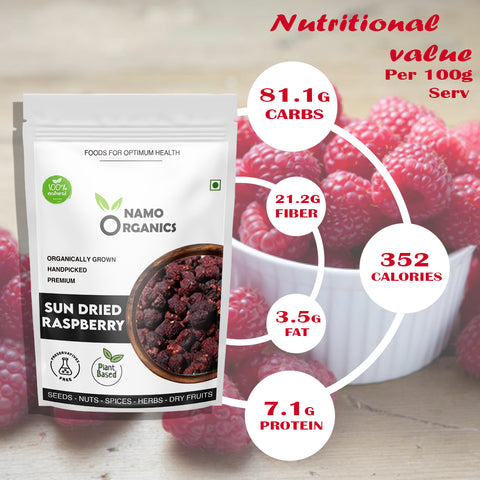 Namo Organics - Sun Dried Raspberry Dry Fruits - Organic Dark Red Raspberries Sourced From Organic Farms - Premium