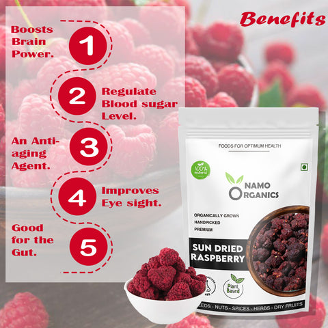 Namo Organics - Sun Dried Raspberry Dry Fruits - Organic Dark Red Raspberries Sourced From Organic Farms - Premium