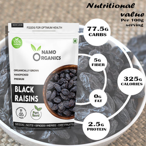 Namo Organics - Afghani Black Raisins Seedless ( Kali Kishmish / kismis without seeds ) - Black Resin grapes Dry Fruits