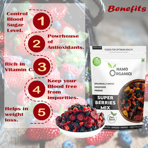Namo Organics - Super Berry Mix - Dried Mixed Berries | 5+ Berry Dry Fruits like Cranberries, Blueberries, Strawberries, Goji Berries, Black current