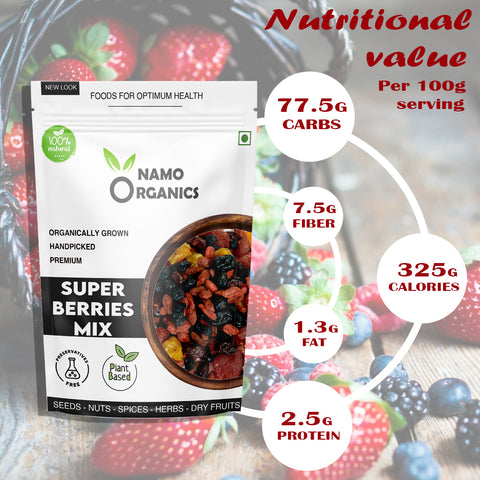 Namo Organics - Super Berry Mix - Dried Mixed Berries | 5+ Berry Dry Fruits like Cranberries, Blueberries, Strawberries, Goji Berries, Black current